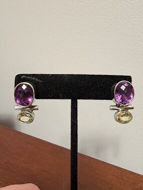 Sterling Silver Amethyst and Citrine Drop Earrings - Purple and Yellow